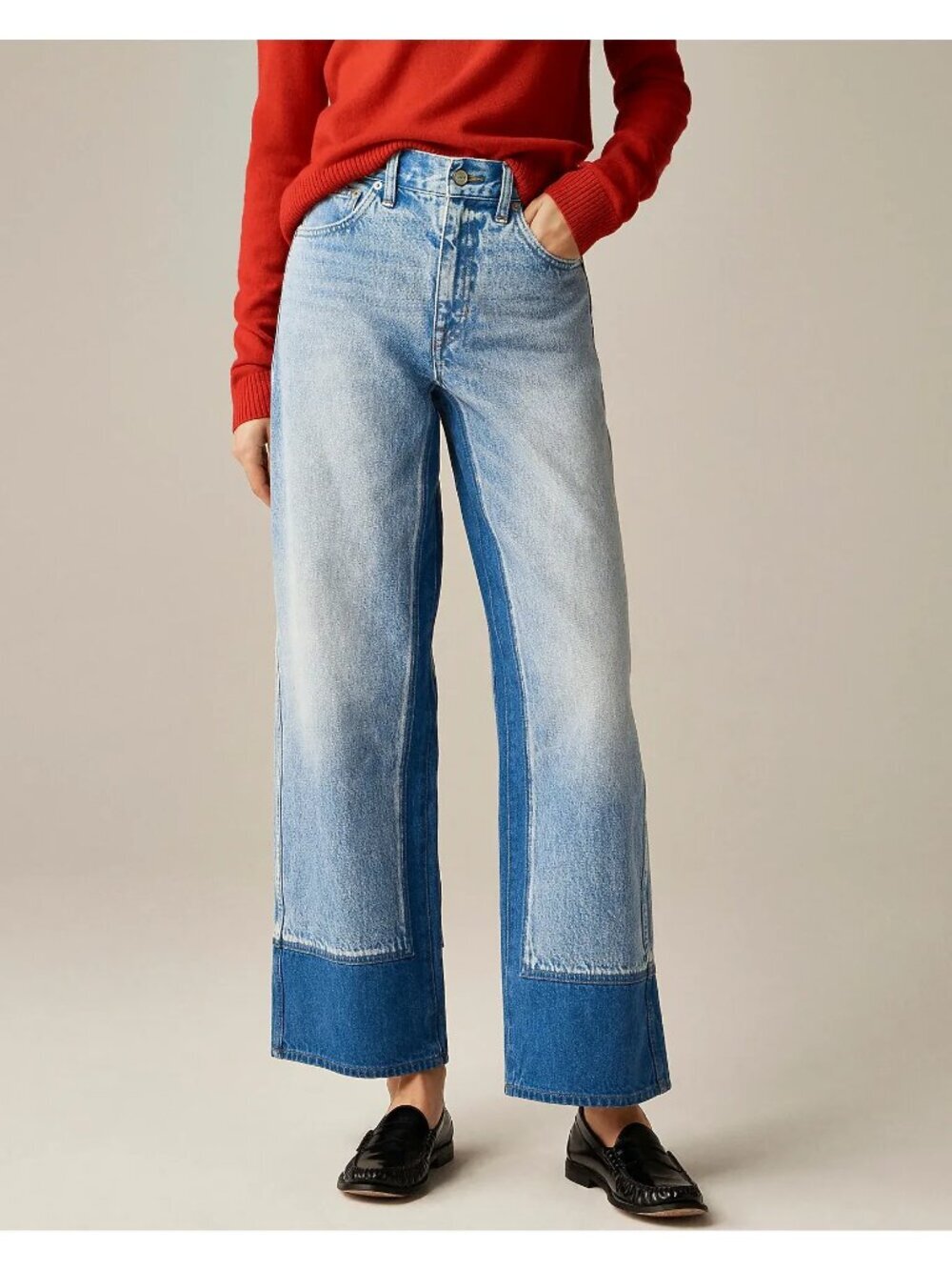 Boho Chic Coastal Statement Wide Leg Ankle Jean Two Tone Colorblock Denim 28/27
